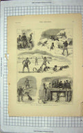 Original Old Antique Print 1877 Life Manitoba Husky Dogs Snow Indians America