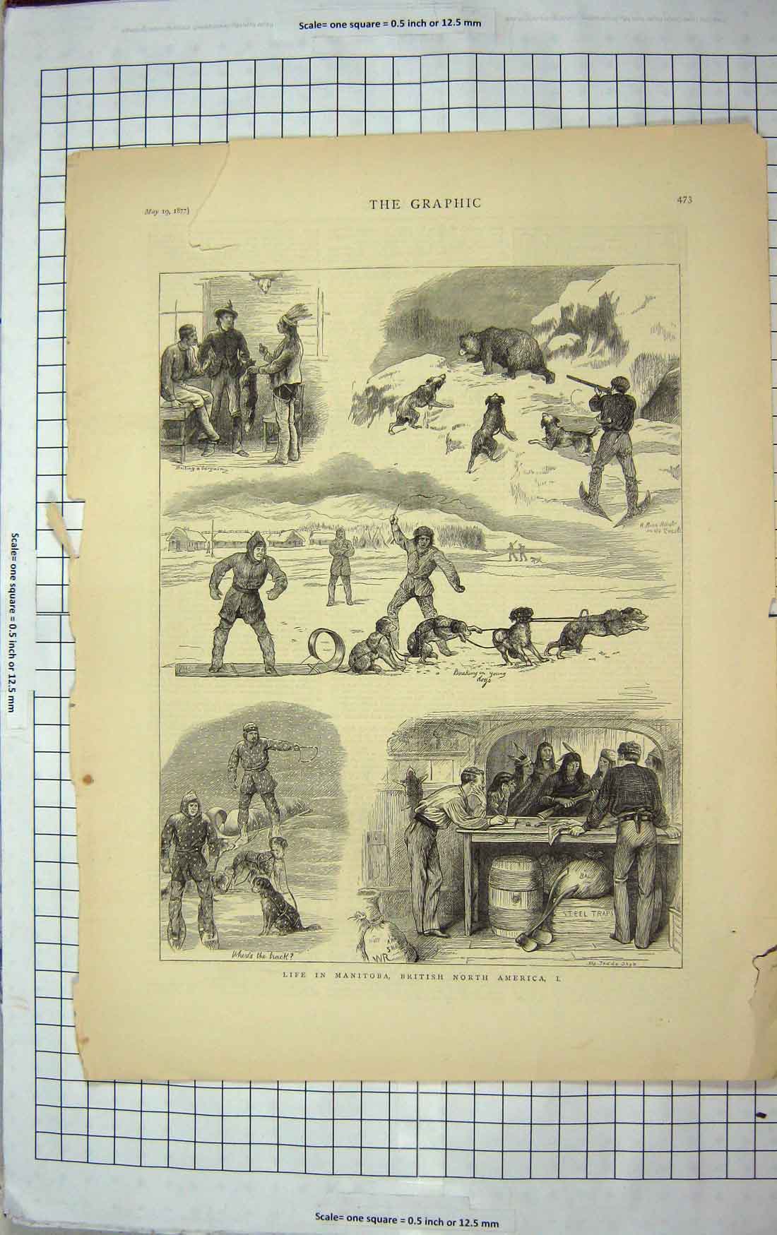 Original Old Antique Print 1877 Life Manitoba Husky Dogs Snow Indians America