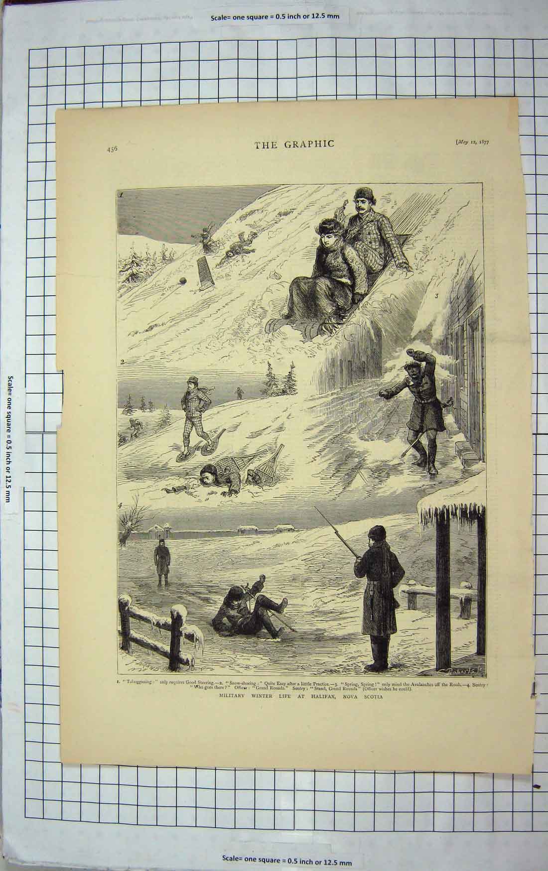 Old Antique Print 1877 Military Winter Life Halifax Nova Scotia Damaged 19th