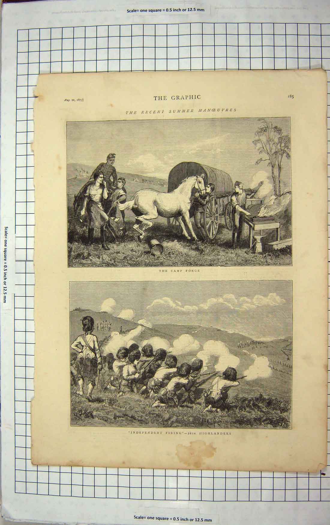 Original Old Antique Print 1875 Camp Forge 78Th Highlanders Siers War Horse