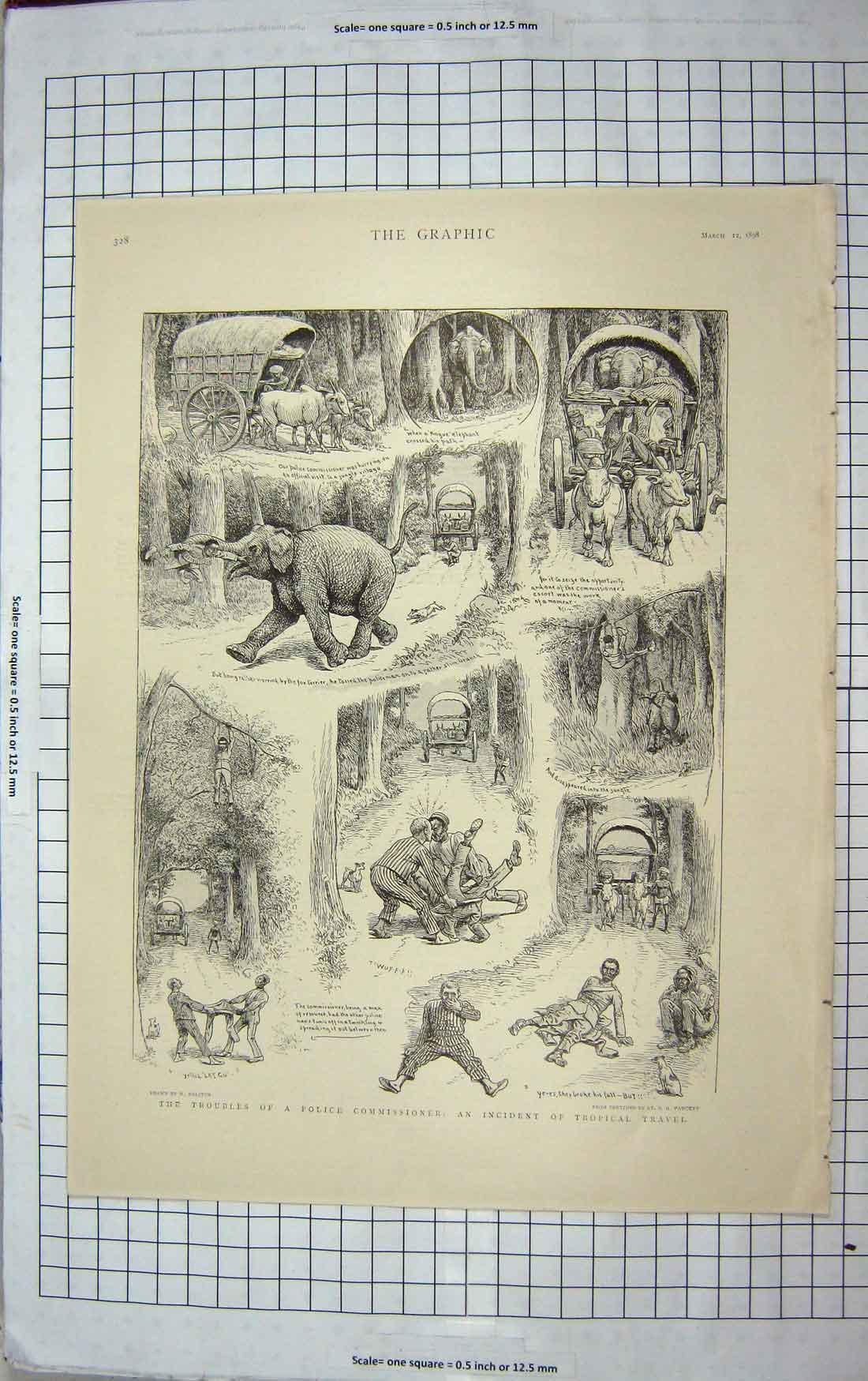 Original Old Antique Print 1898 Police Commissioner Elephant Comedy Scene 19th