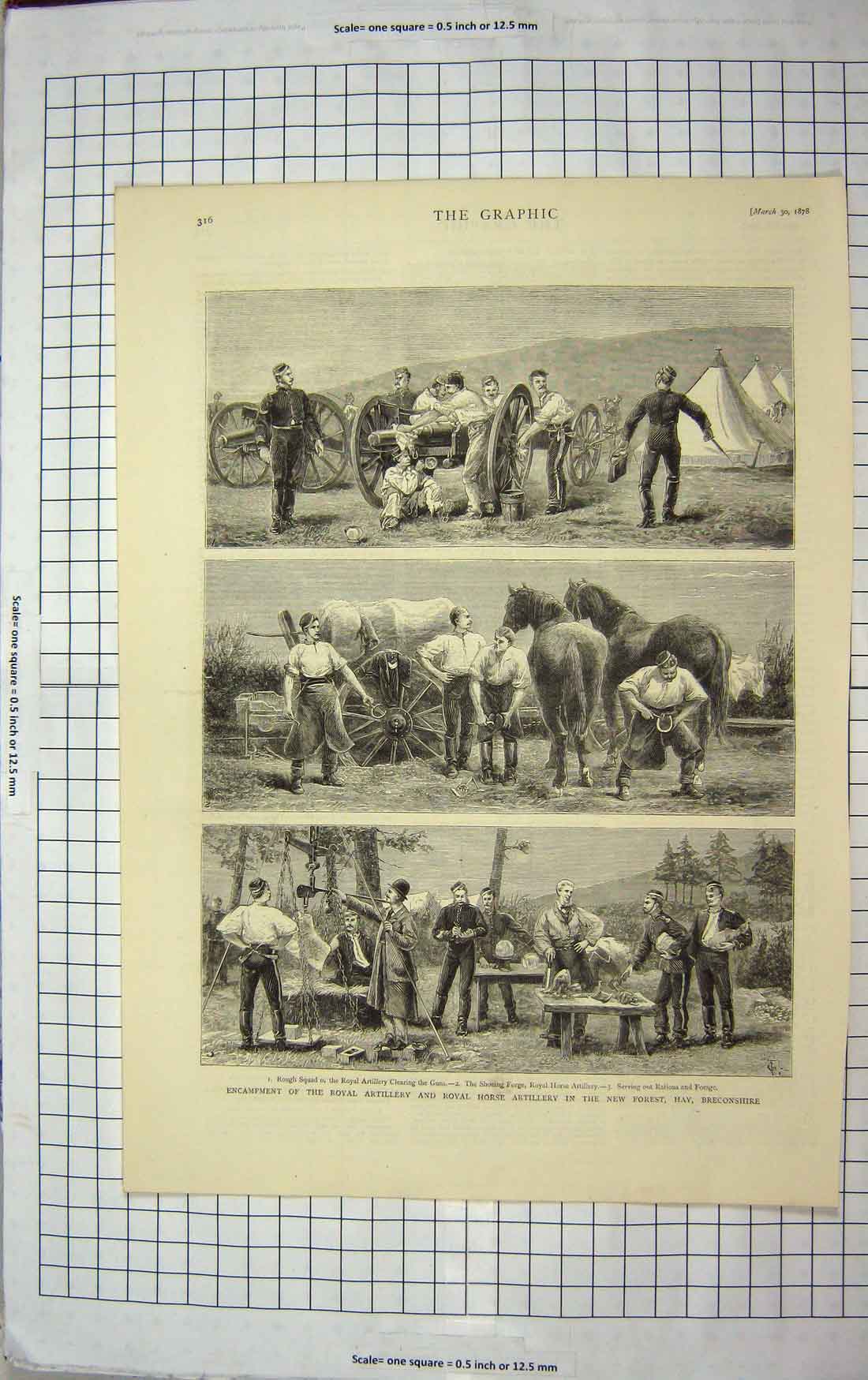 Old Antique Print 1878 Camp Royal Horse Artillery New Forest Breconshire 19th