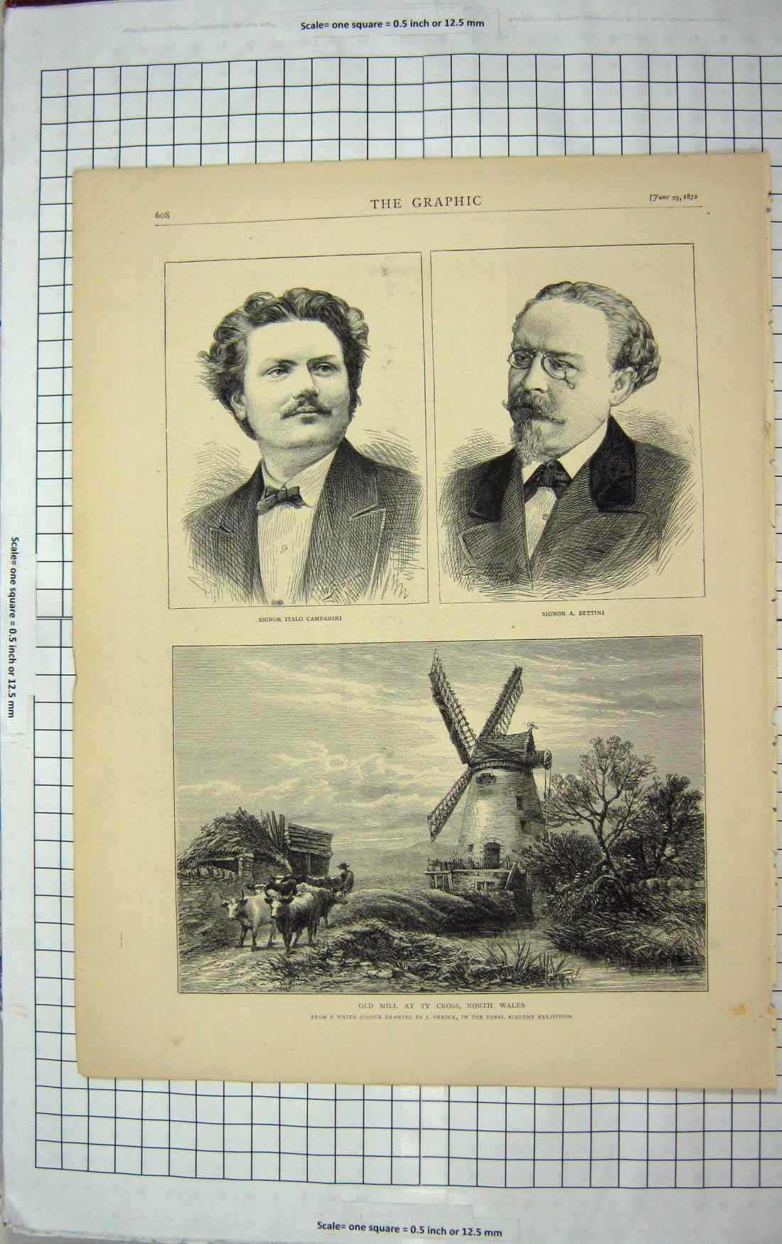 Original Old Antique Print 1872 Mill Ty Cross Wales Signor Campanini Bettini