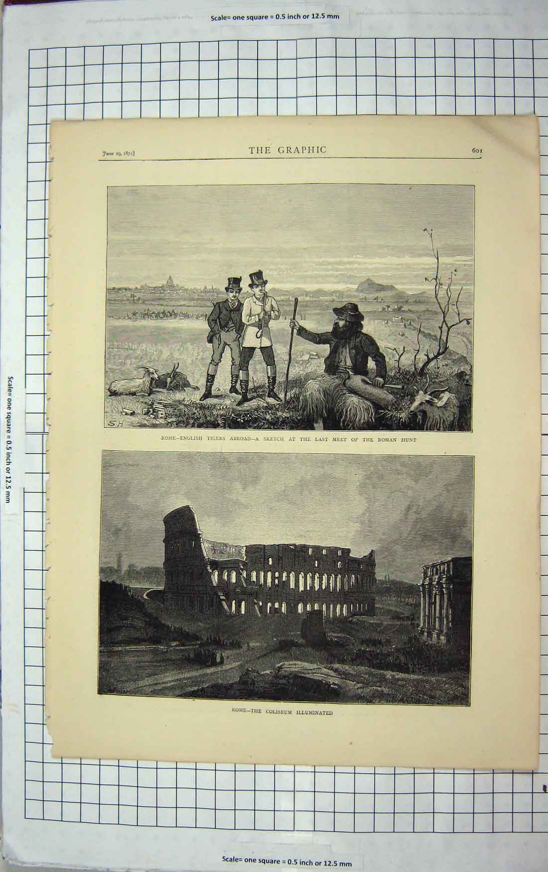 Original Old Antique Print 1872 Rome English Men Hunters Sport Coliseum Ruins