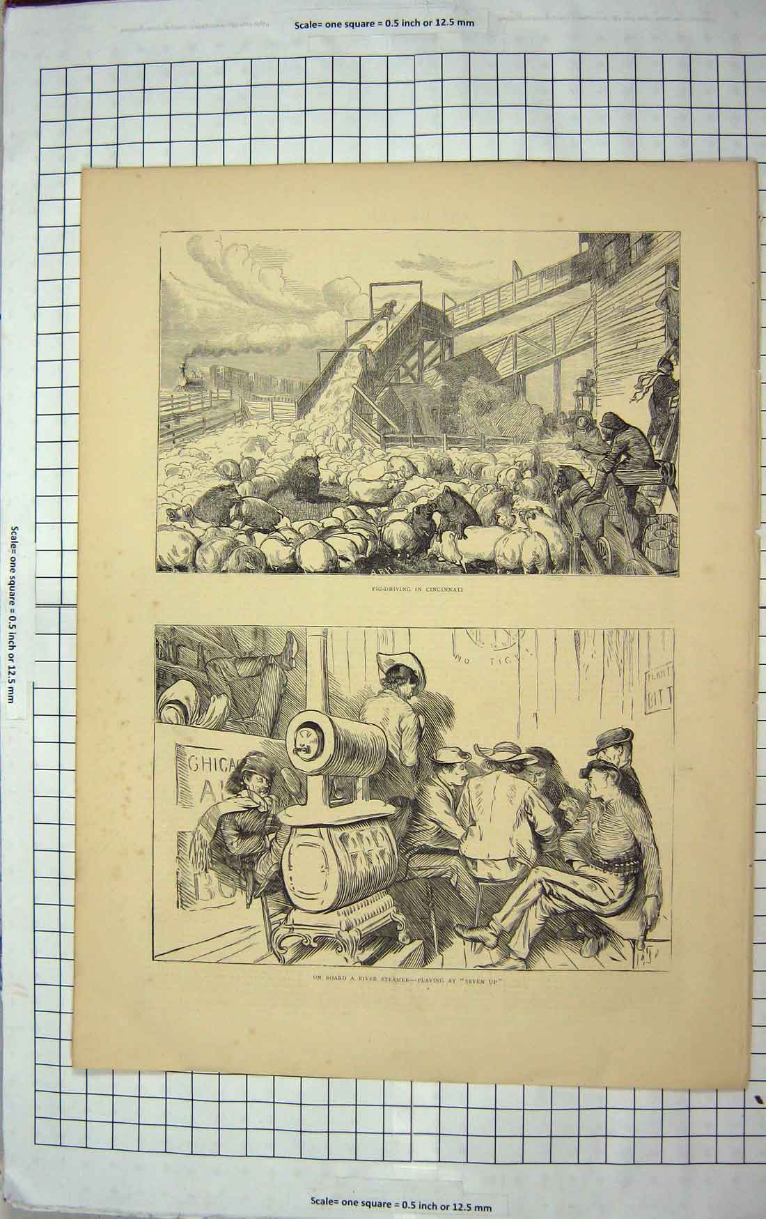 Antique Old Print *3720 1870 Pig Driving Cincinnati River Steamer Boat Games