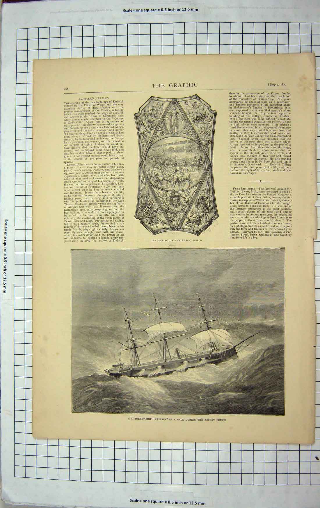 Original Old Antique Print 1870 Elkington Challenge Shield Turret Ship Captain