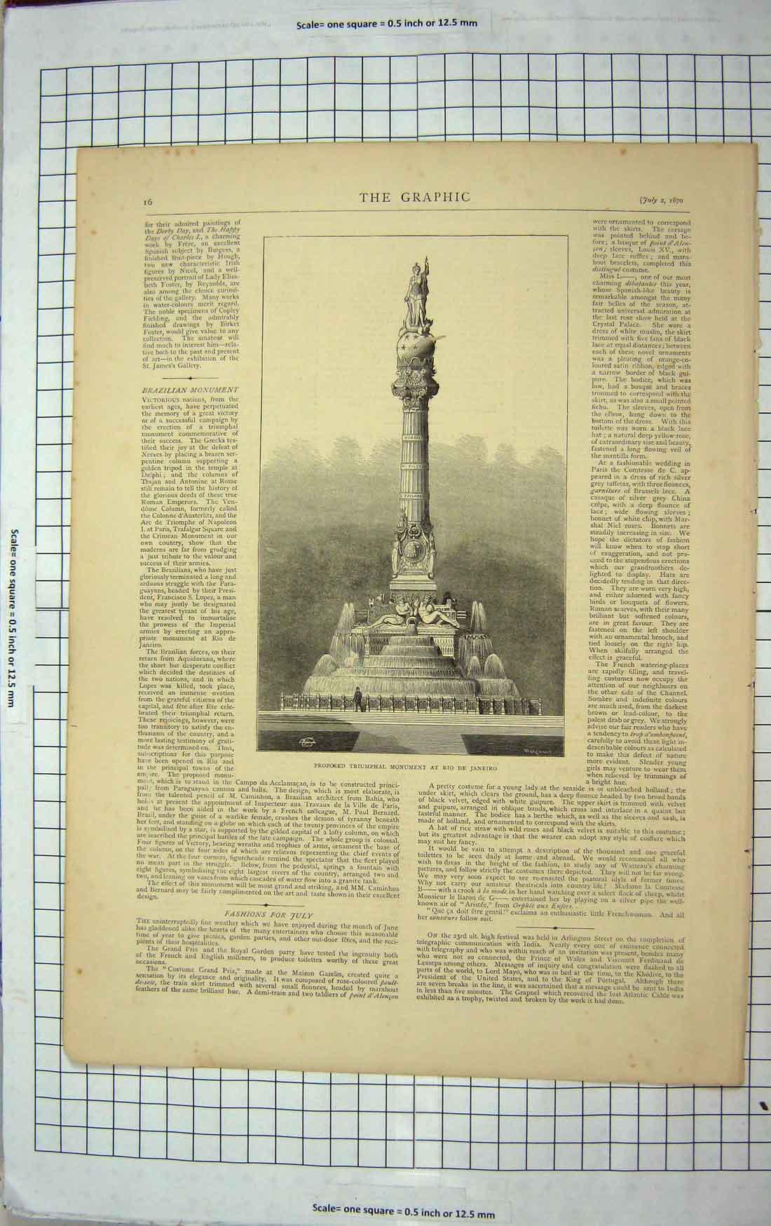 Original Old Antique Print 1870 Triumphal Monument Rio De Janeiro South America