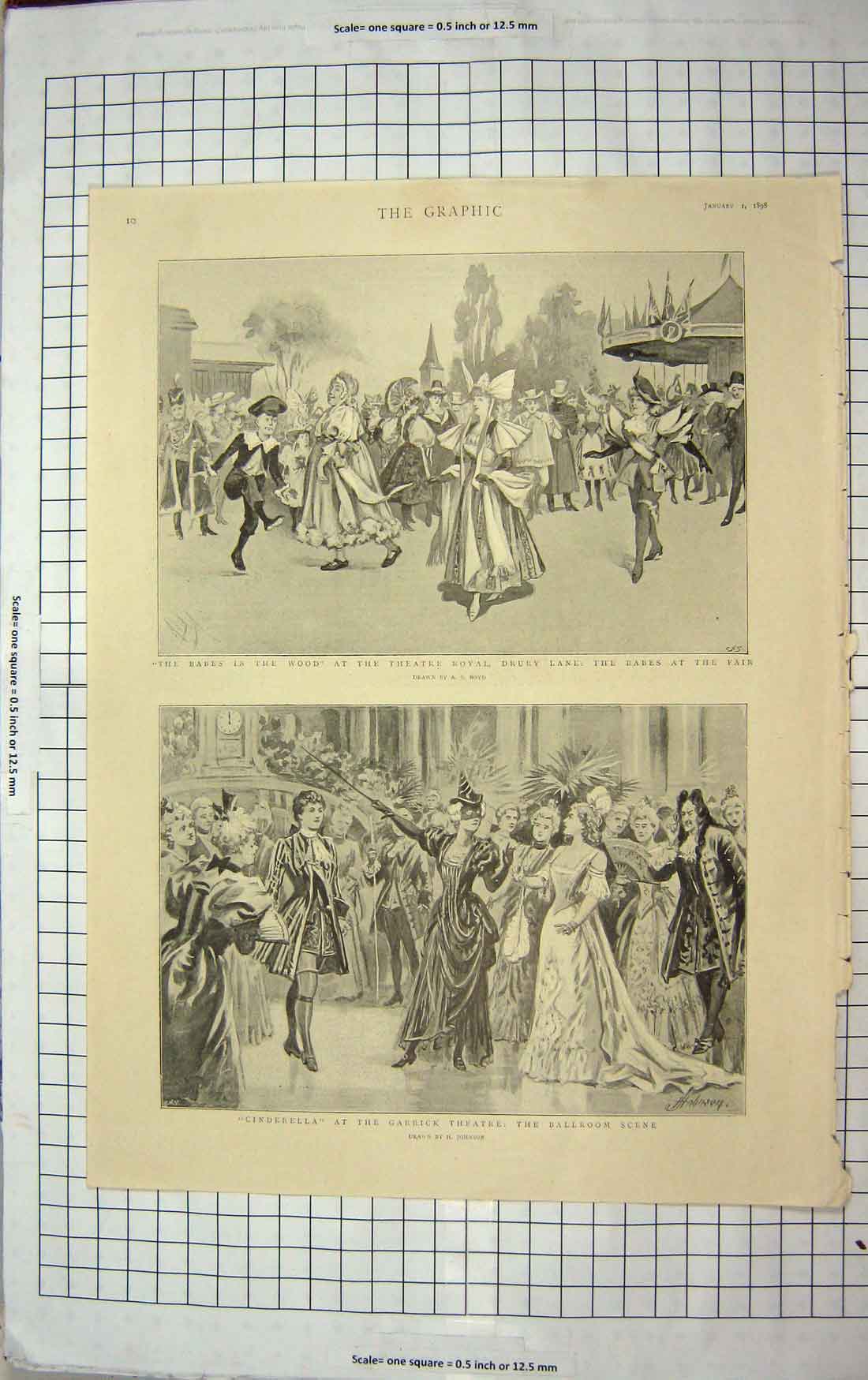 Old Antique Print 1898 Babes Wood Theatre Drury Lane Garrick Cinderella 19th
