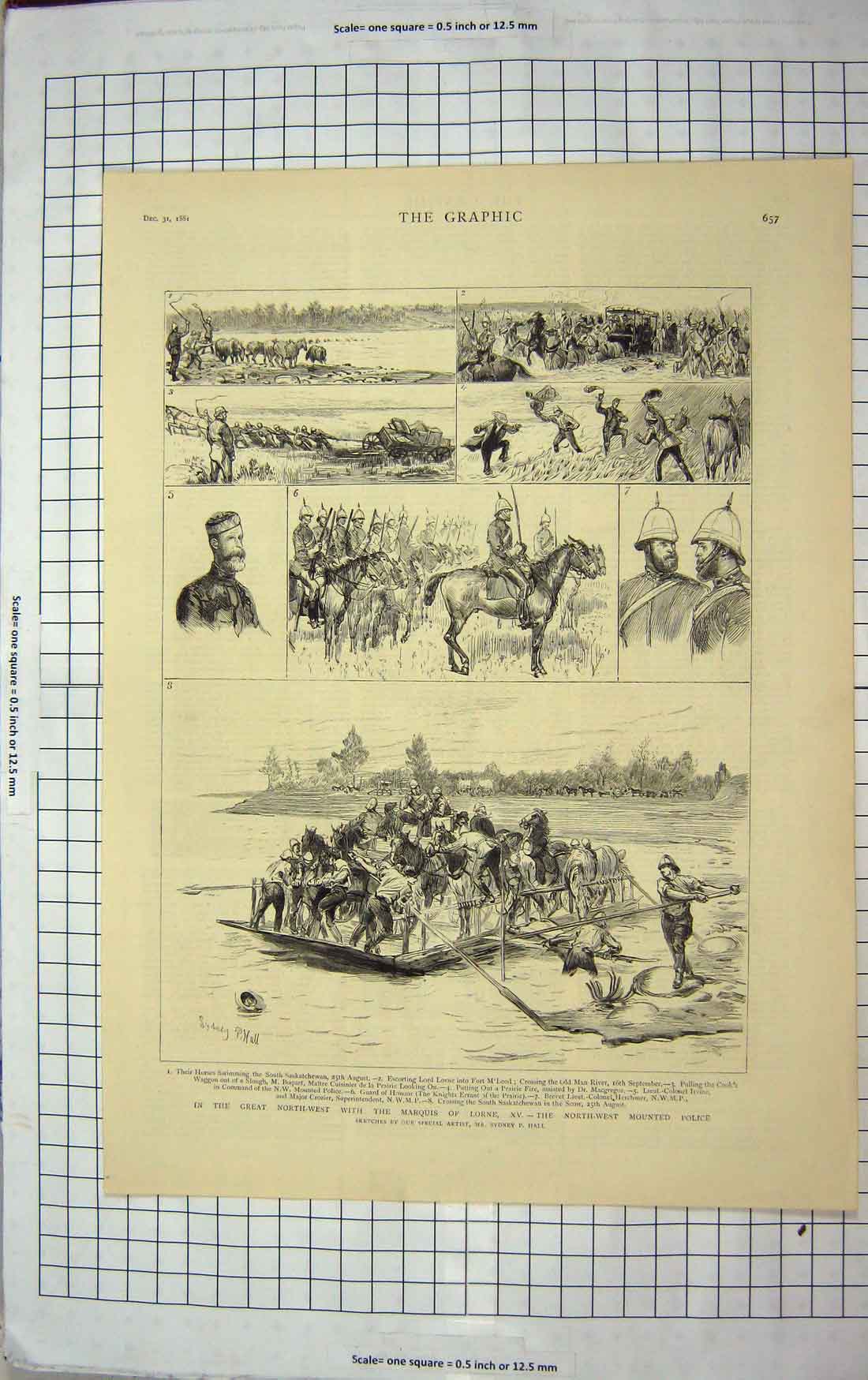 Original Old Antique Print 1881 Marquis Lorne Mounted Police Crozier Man River