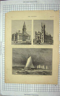 Original Old Antique Print 1873 Bolton Town Hall Masonic Temple Boston Harbour