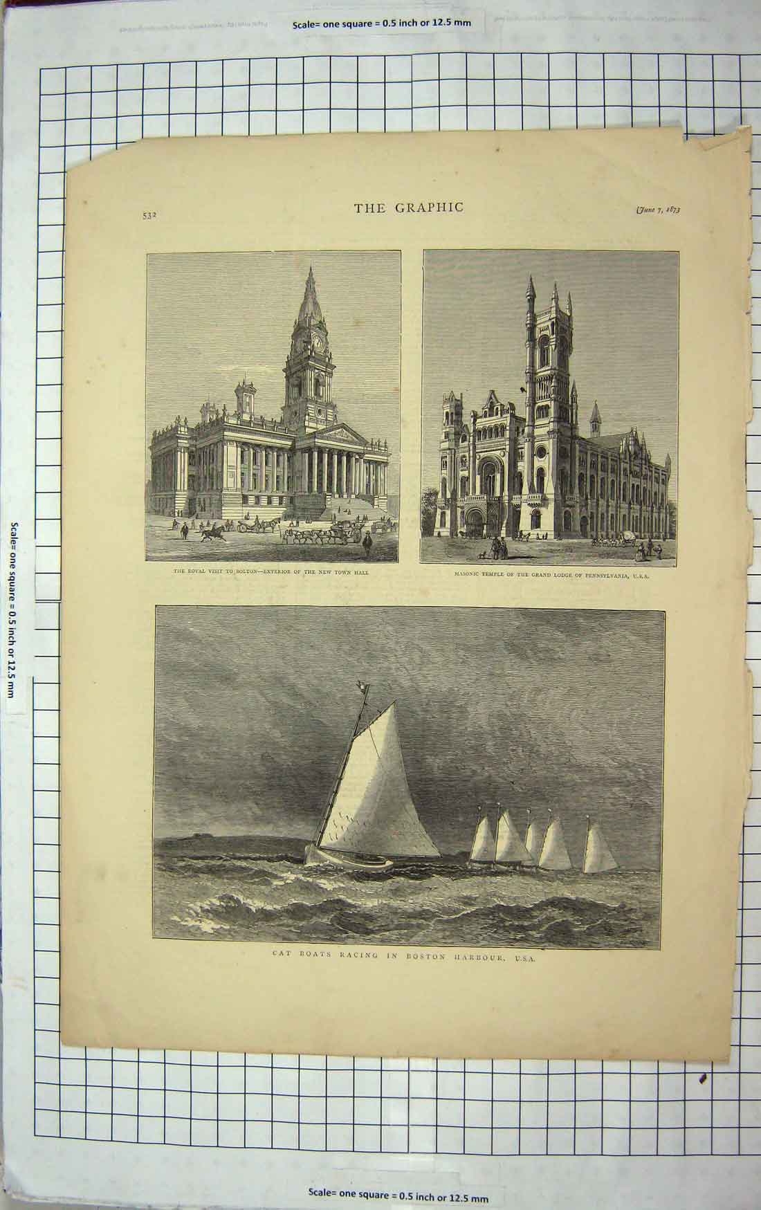Original Old Antique Print 1873 Bolton Town Hall Masonic Temple Boston Harbour