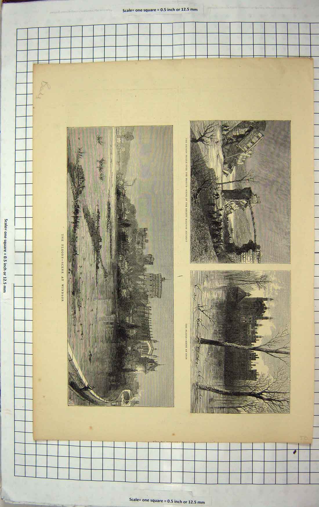 Antique Print Ref.934 1872 River Thames Floods Windsor Eton Brague Railway