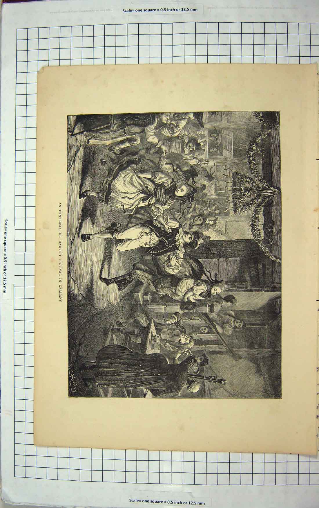 Original Old Antique Print 1870 Ernteball Harvest Festival Germany Dancing Art