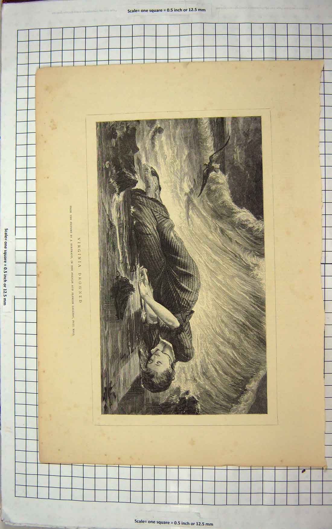 Original Old Antique Print 1870 Bertrand Fine Art Virginia Drowned Young Woman
