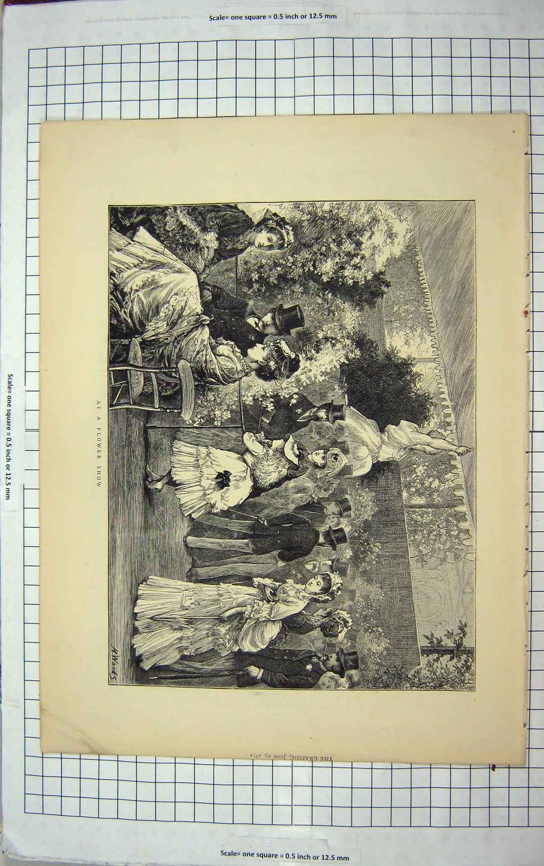 Original Old Antique Print 1872 Woods Fine Art Flower Show Statue Ladies Men