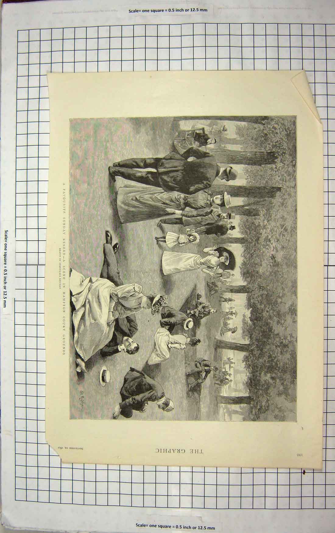 Original Old Antique Print 1891 Scene Hampton Court Grounds London Sunday 19th
