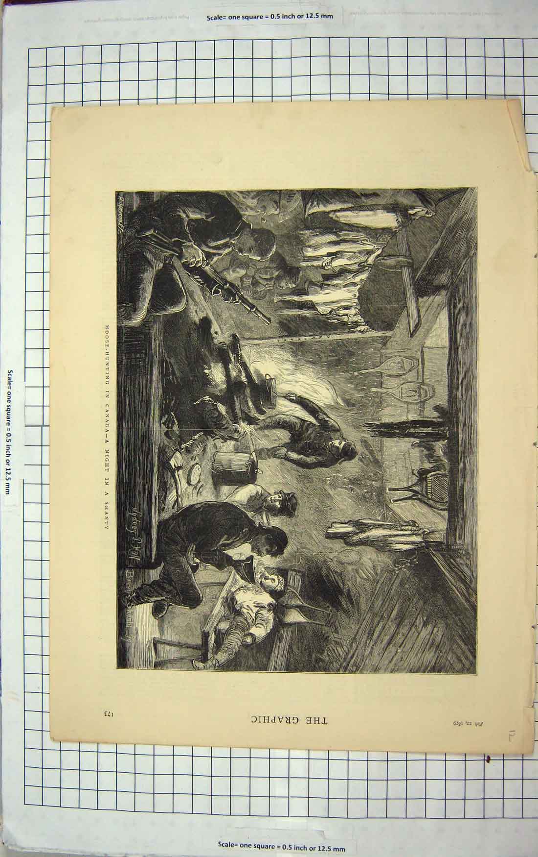 Original Old Antique Print 1879 Moose Hunting Canada Shanty Sport Fine Art Hall