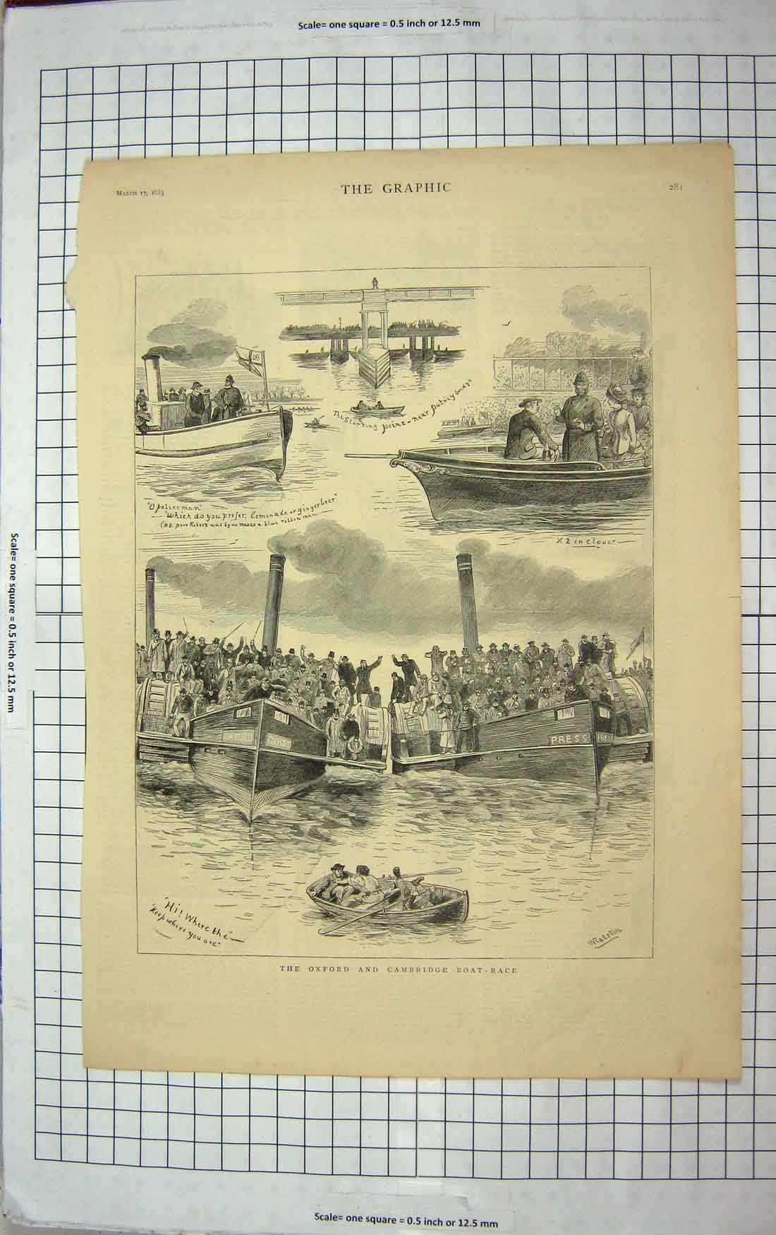 Original Old Antique Print 1883 Oxford Cambridge Boat Race Verona Juliet Romeo