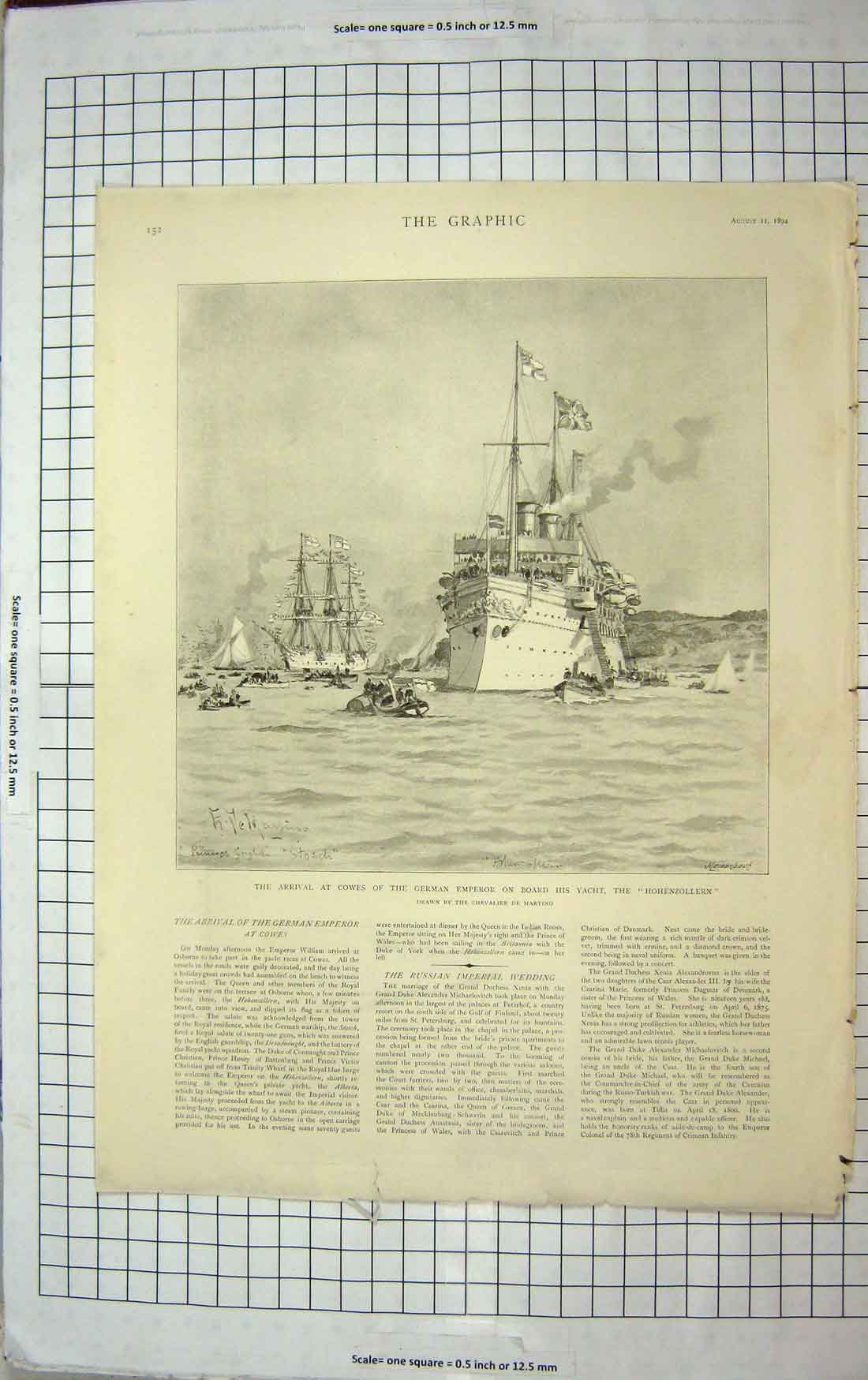 Original Old Antique Print 1894 Cowes German Emperor Hohenzollern Ship Church