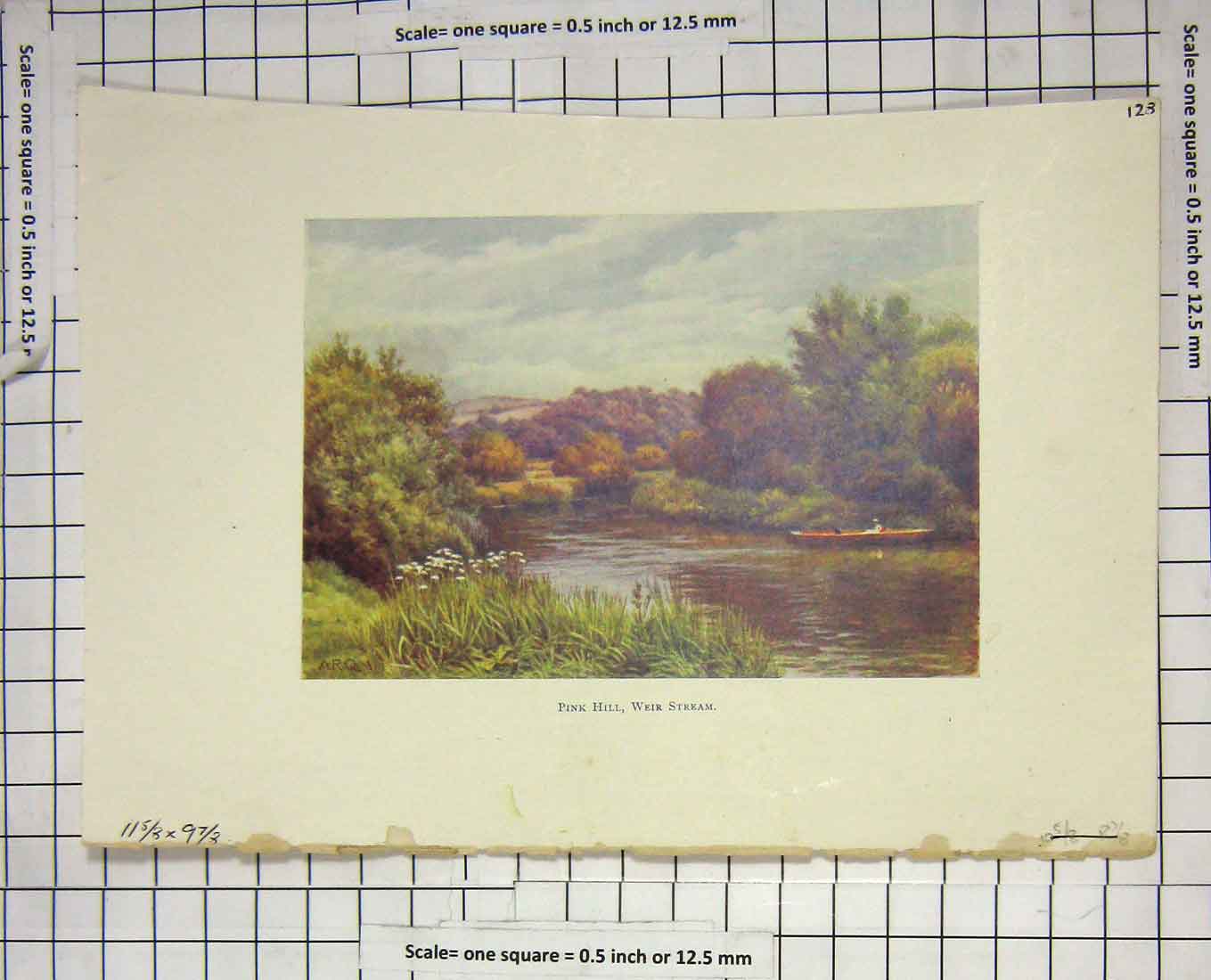 Original Old Antique Print Colour View Pink Hill Weir Stream Landscape
