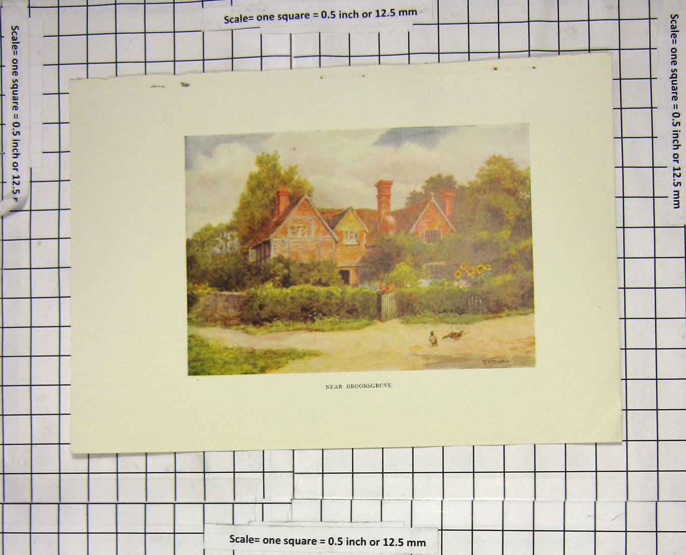 Original Old Antique Print Colour Scene Near Broomsgrove England House