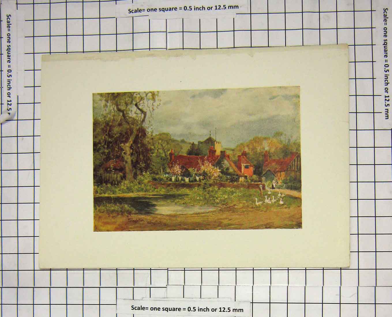 Original Old Antique Print Colour View House Geese Trees Lake Church