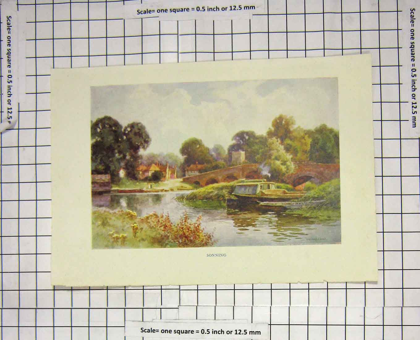 Original Old Antique Print Colour View Sonning River Boat Bridge Trees