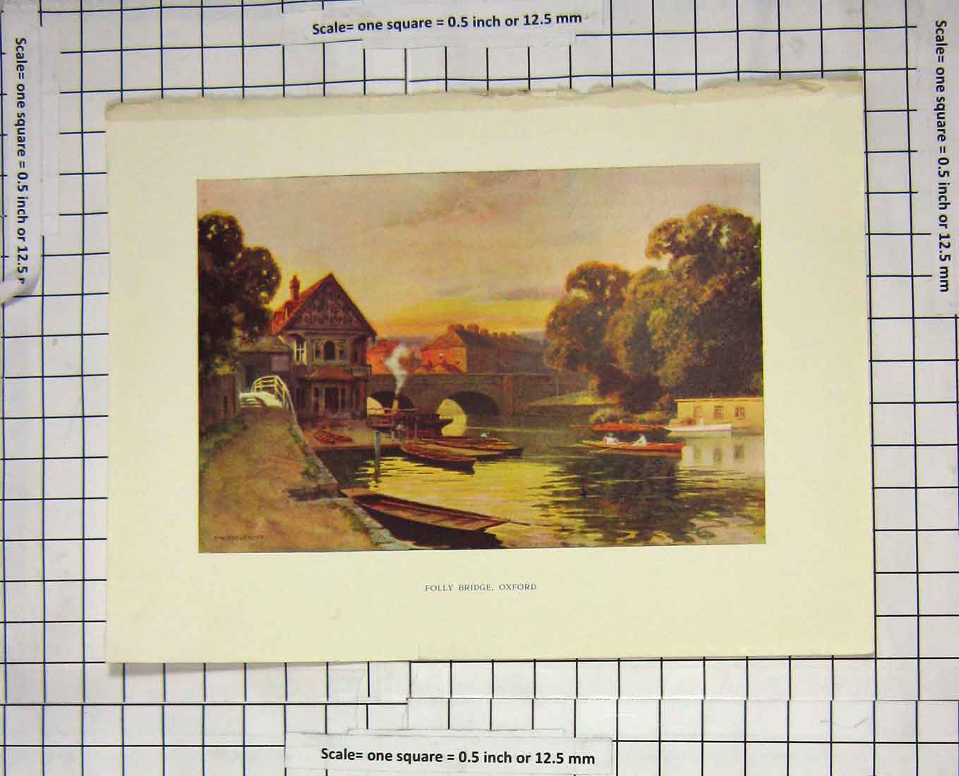 Original Old Antique Print Colour View Folly Bridge Oxford England River