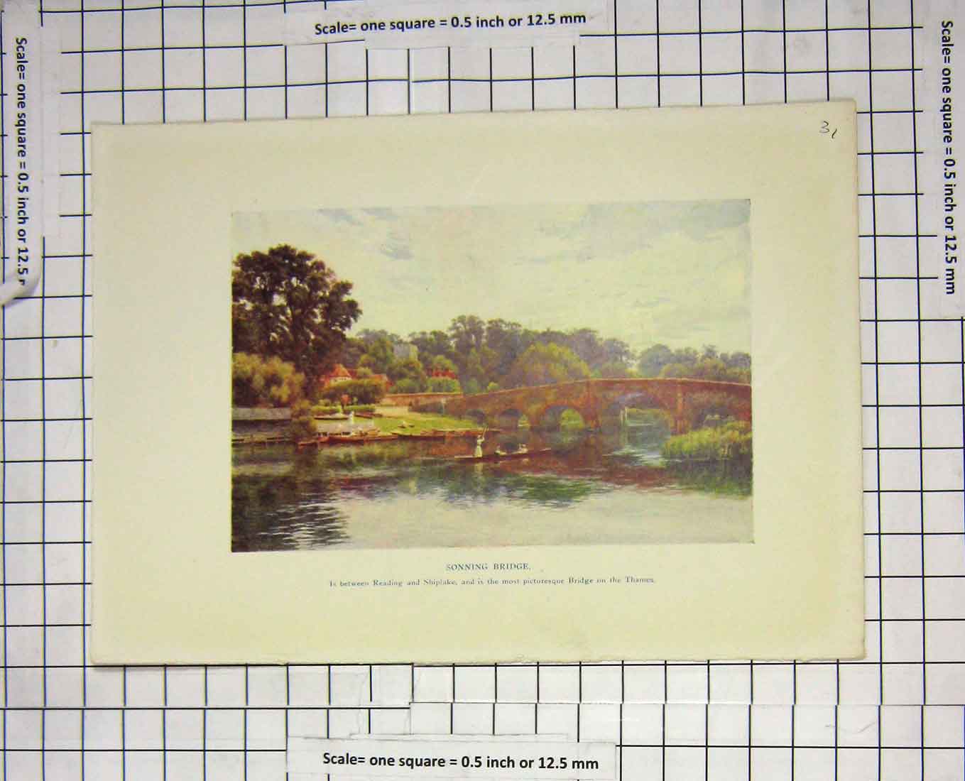 Original Old Antique Print Colour View Sonning Bridge Reading Shiplake River