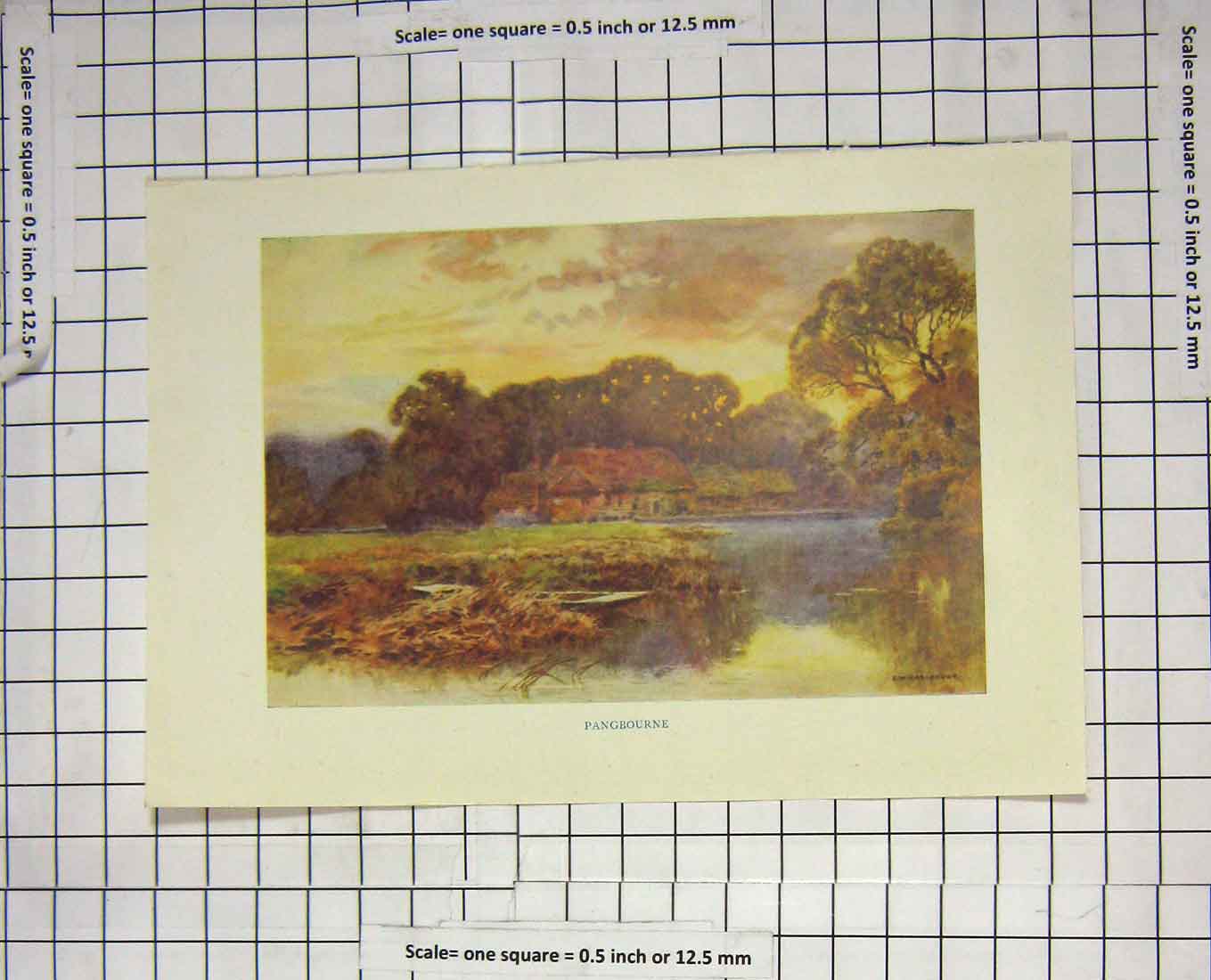 Original Old Antique Print Colour View Pangbourne Trees River Countryside