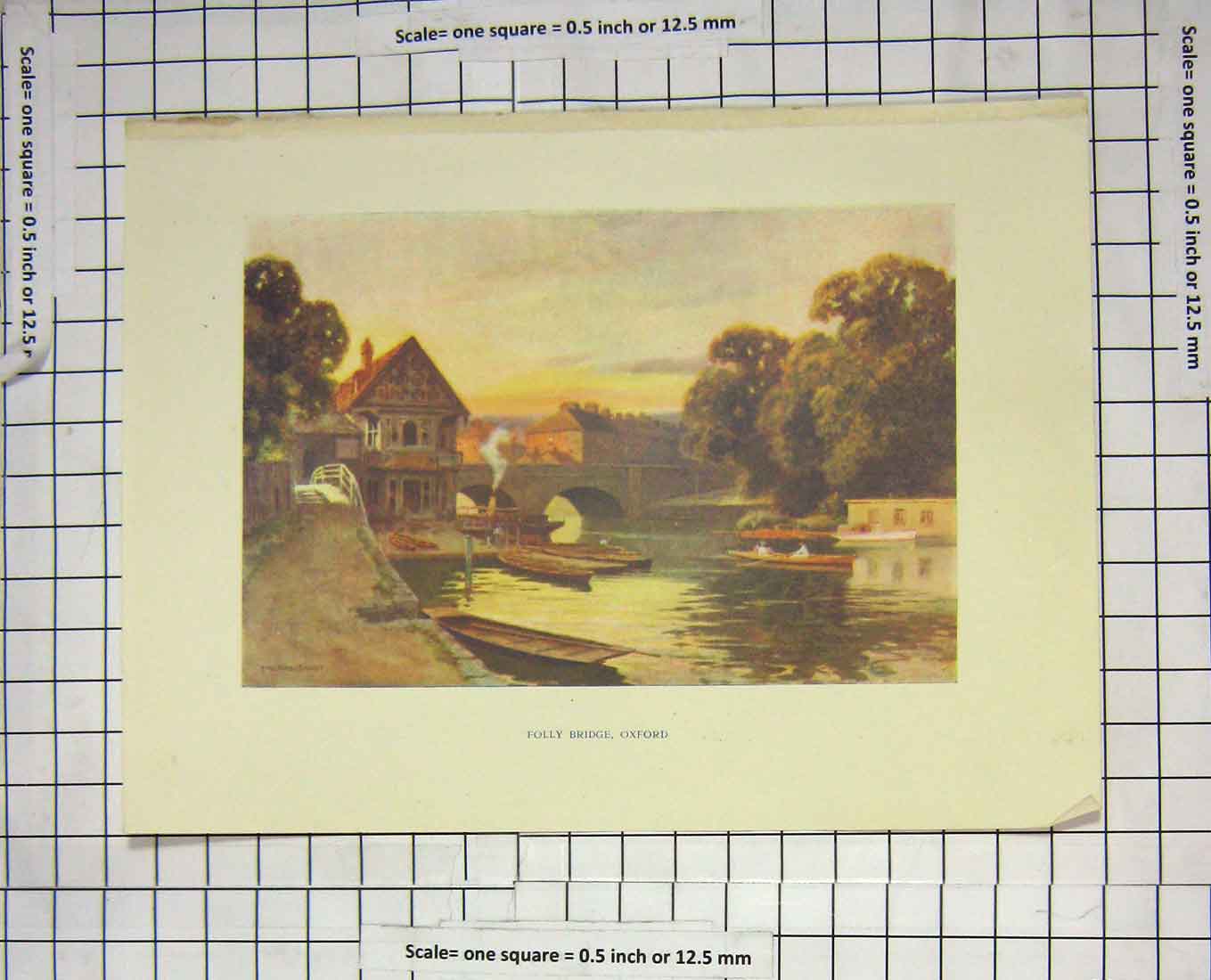 Original Old Antique Print Colour View Holly Bridge Oxford River Haslehust