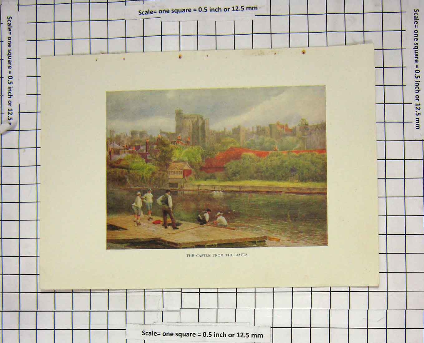 Original Old Antique Print Colour View Windsor Castle Rafts River Thames