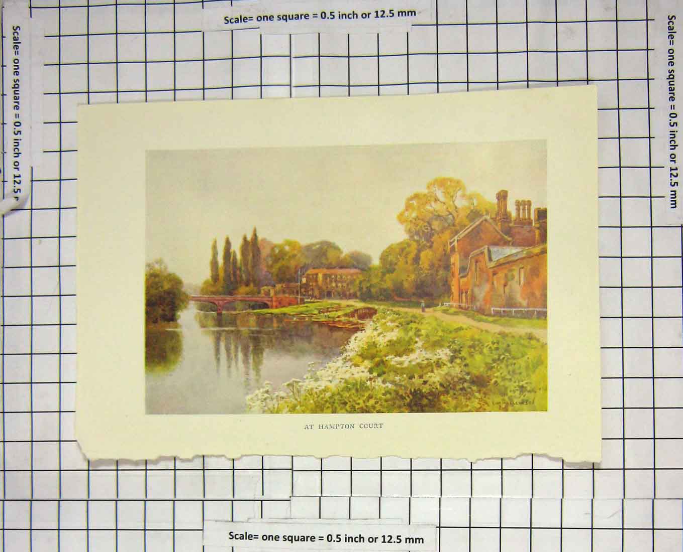 Original Old Antique Print Colour View Hampton Court River Bridge Haslehust