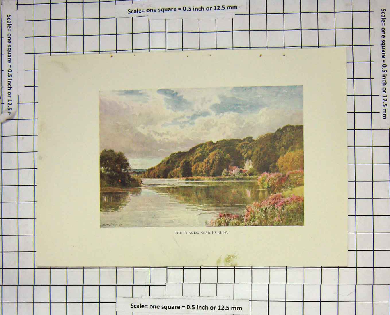 Original Old Antique Print Colour View River Thames Hurley Sutton Palmer