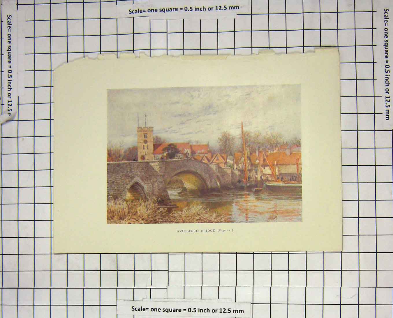 Original Old Antique Print Colour View Aylesford Bridge River Church Houses