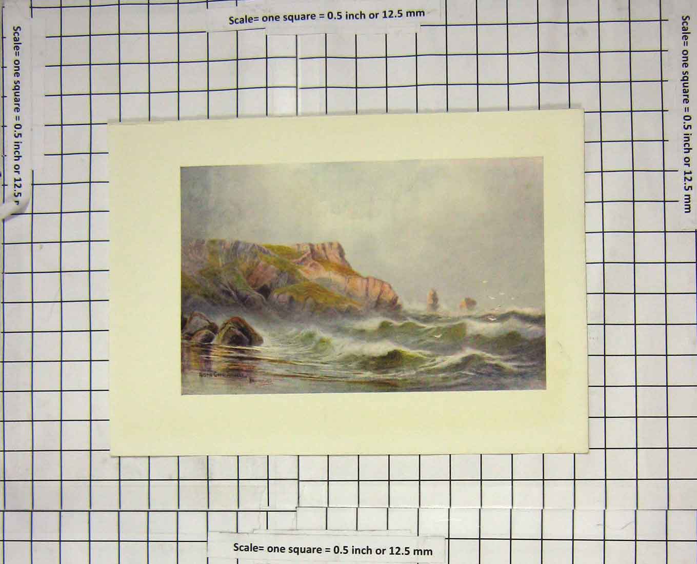Original Old Antique Print Colour Stormy Sea Scene Cliffs Rocks