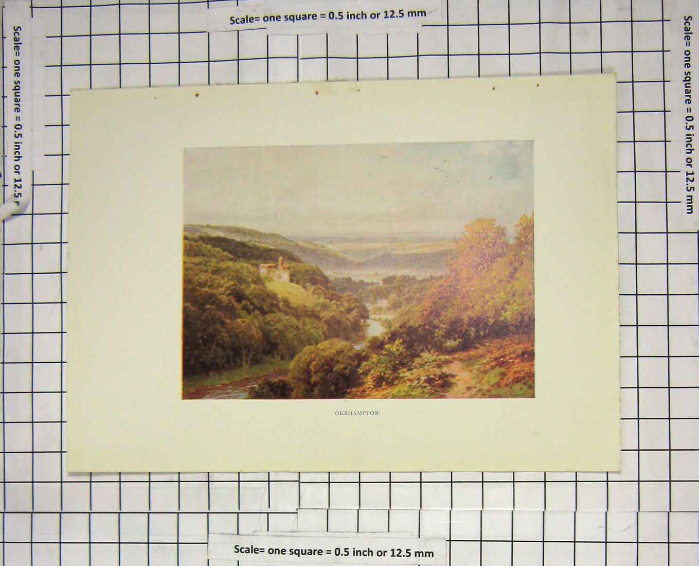 Original Old Antique Print Colour View Okehampton River Trees Landscape