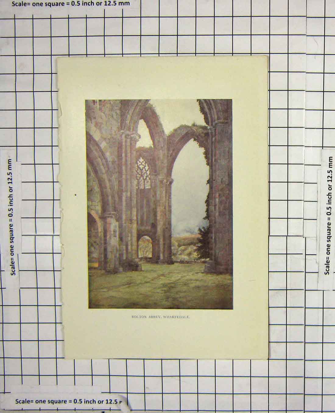 Original Old Antique Print Colour Bolton Abbey Wharfedale Architecture