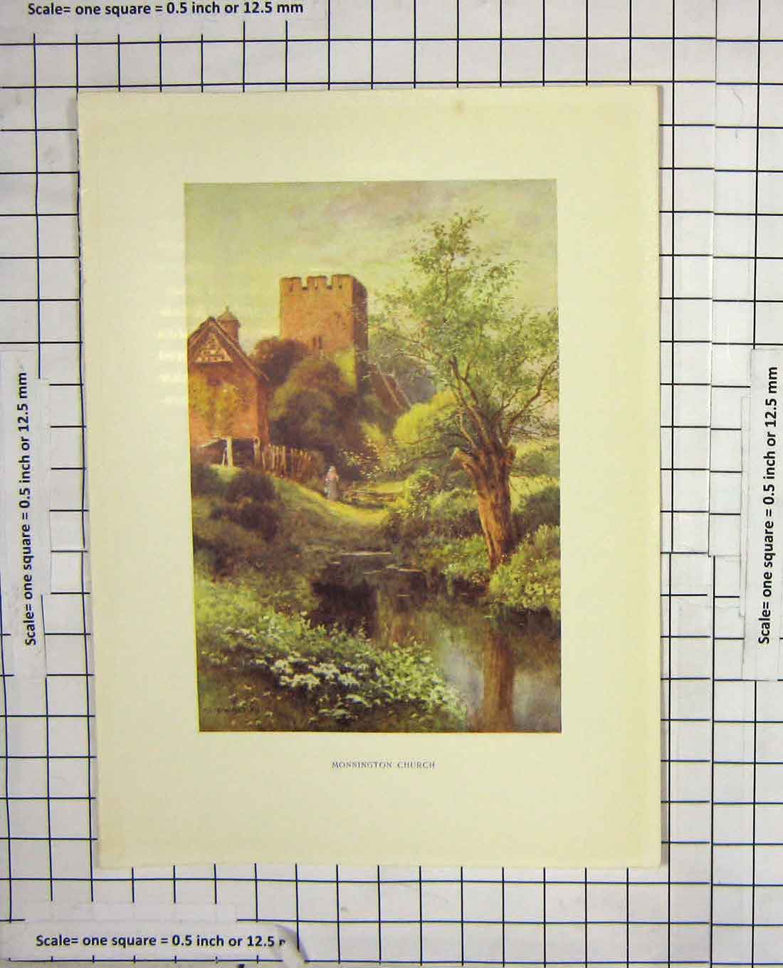Original Old Antique Print Colour View Monnington Church Haslehust