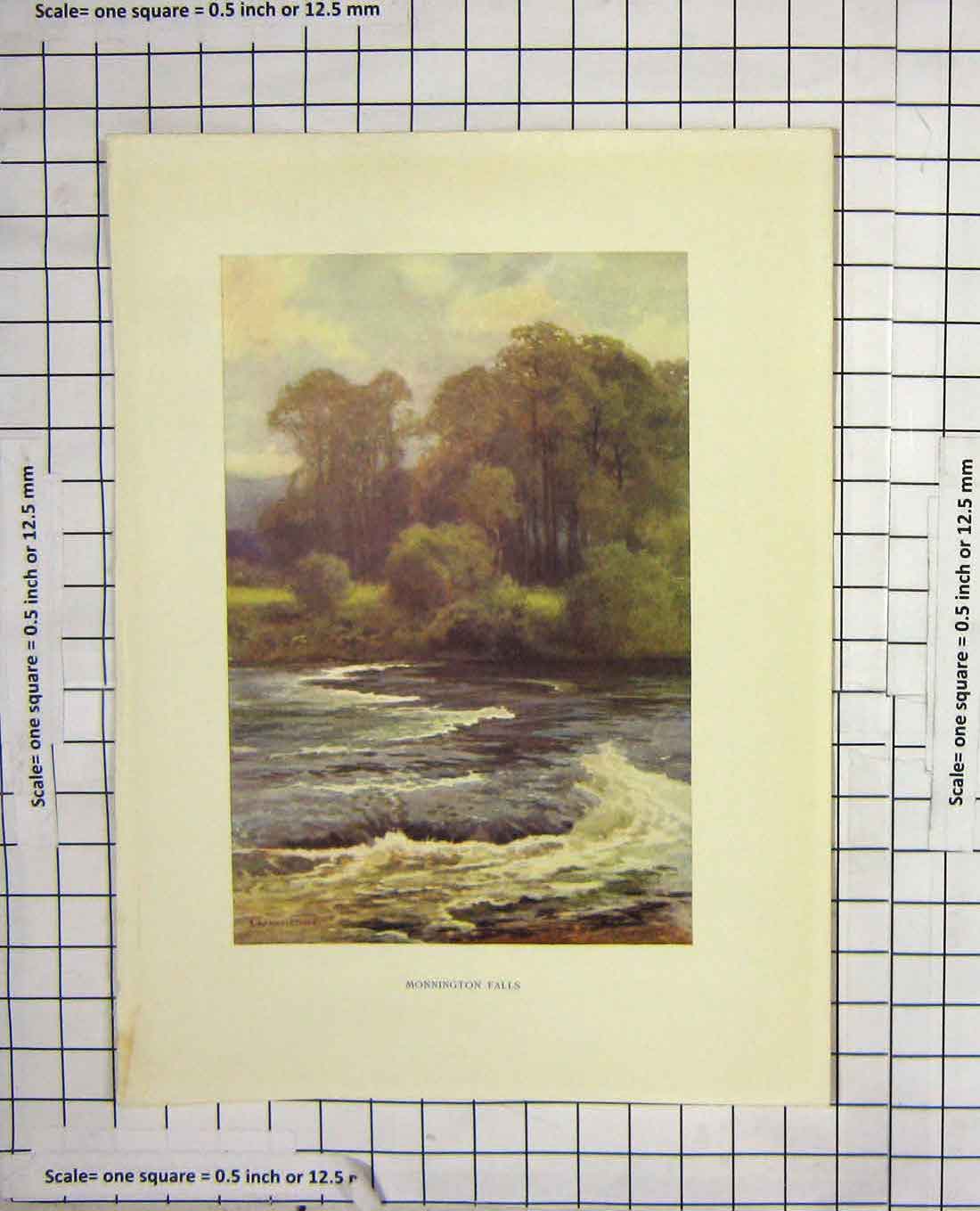 Original Old Antique Print Colour Monnington Falls River Trees Haslehust