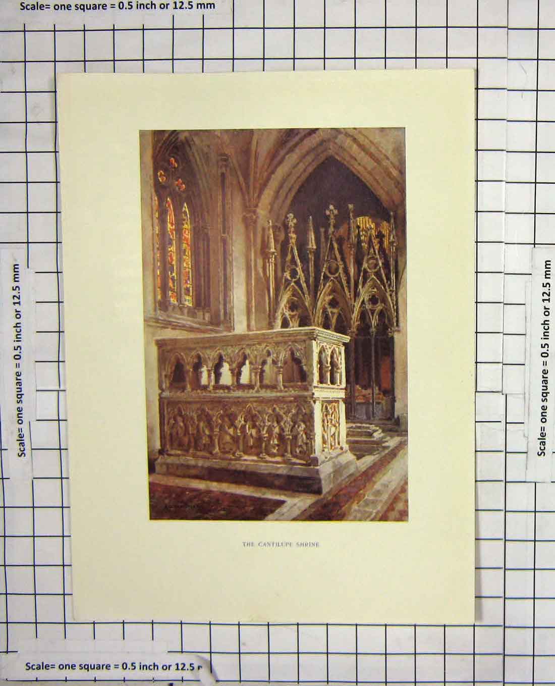 Original Old Antique Print Colour Cantilupe Shrine Church Architecture