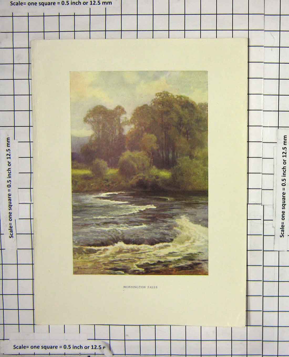 Original Old Antique Print Colour Monnington Falls River Haslehust