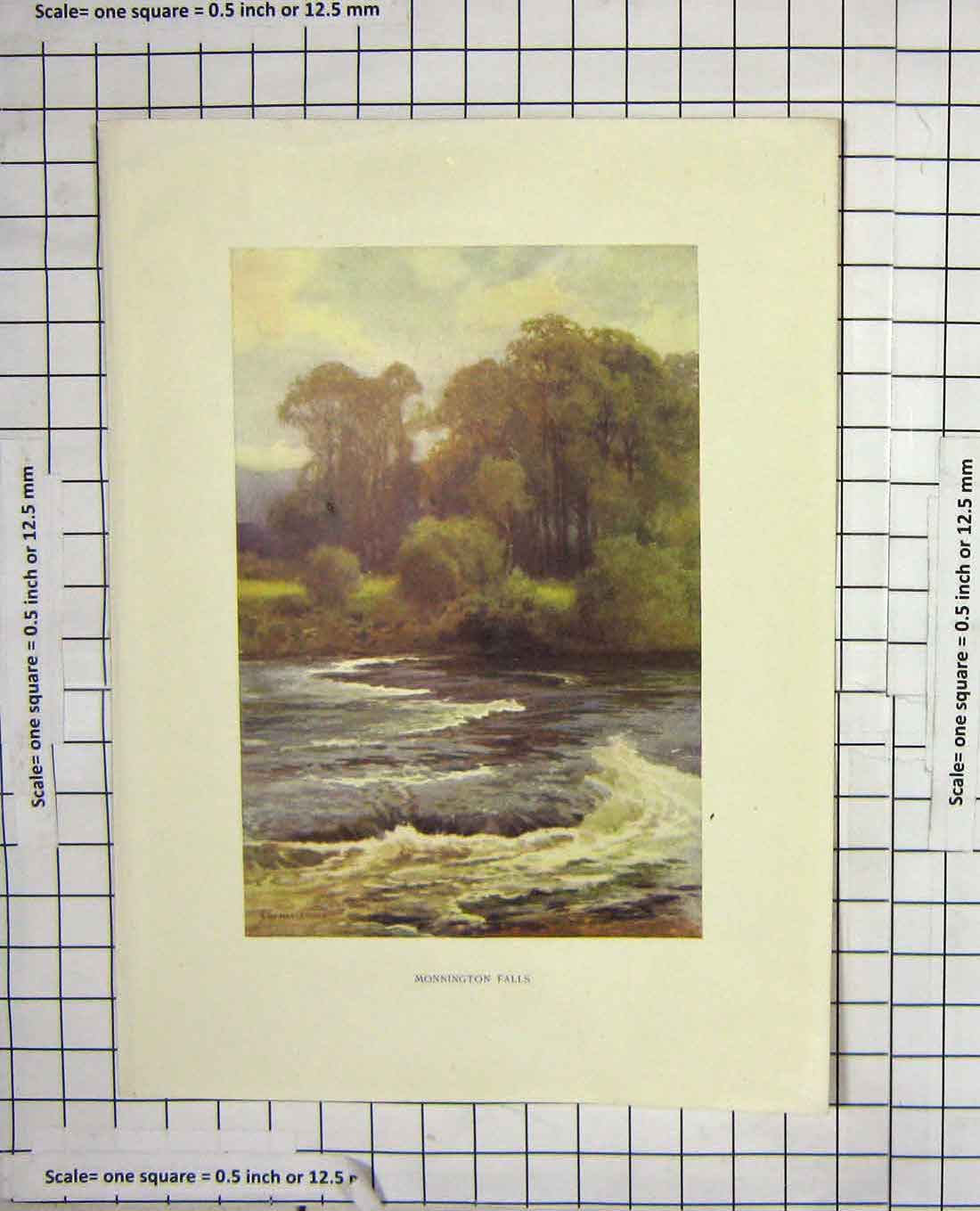Original Old Antique Print Colour View Monnington Falls River Haslehust 18th