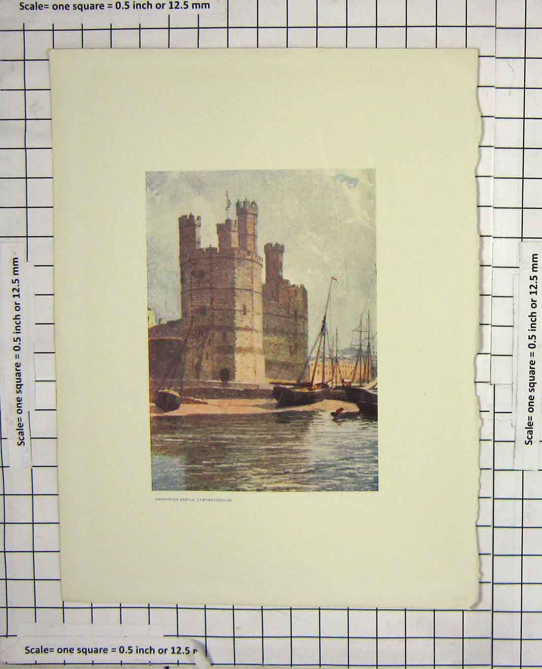 Original Old Antique Print Colour Carnarvon Castle Carnarvonshire Boats 18th