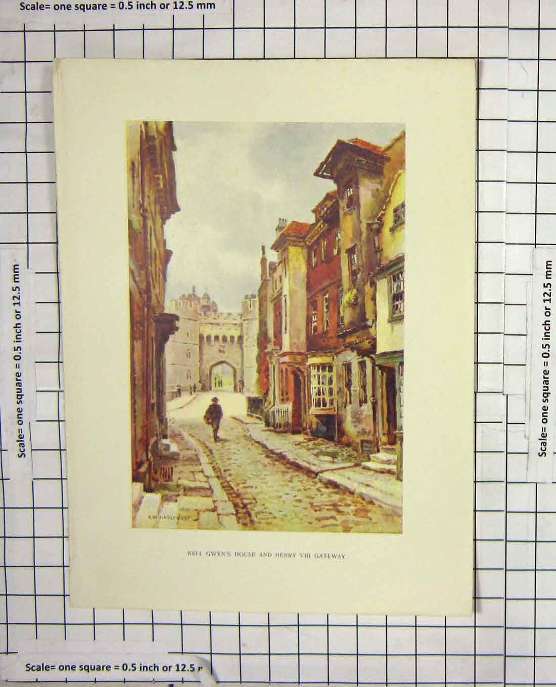 Original Old Antique Print Haslehust Colour Neil Gwyn House Henry Gateway 19th