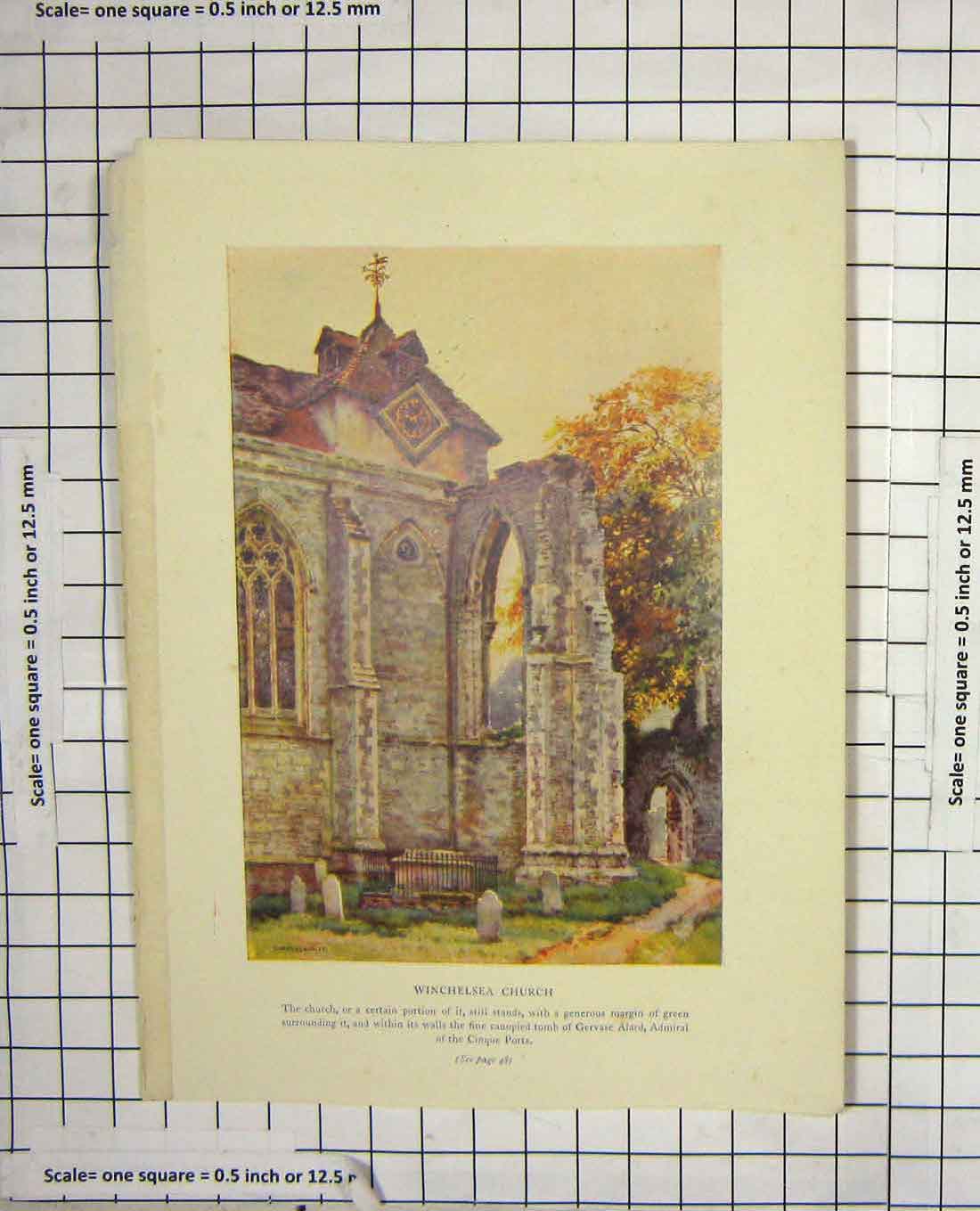Original Old Antique Print Colour Winchelsea Church Architecture Haslehust 19th