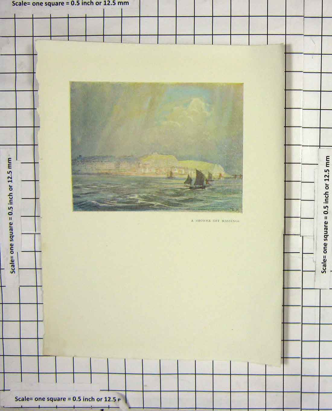 Original Old Antique Print Colour Scene Rain Shower Hastings England Victorian