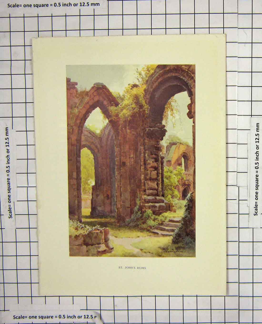 Original Old Antique Print Colour View St. John'S Ruins Architecture 20th