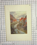 Original Old Antique Print Colour River Bridge Houses Sea Scene 20th Century