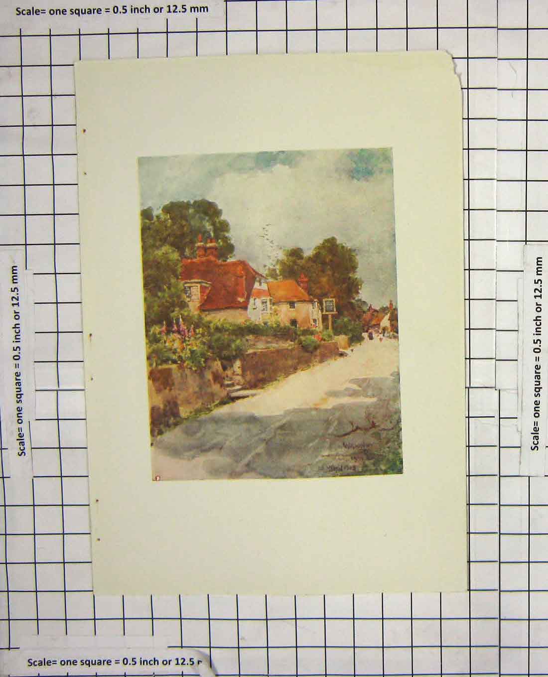Original Old Antique Print Colour View Town Houses Street Scene 20th Century